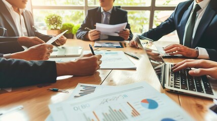 Aufkleber - Business people in group meeting in formal attire share idea discussing report for company profit in creative workspace for start up business shot in close up view on group meeting tab : Generative AI