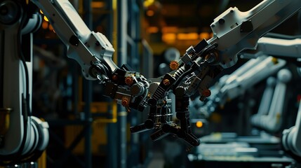 Fototapete - Smart industry robot arms for digital factory production technology showing automation manufacturing process of the Industry 40 or 4th industrial revolution and IOT software to control : Generative AI