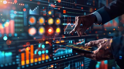 Fototapete - Businessman using analytics data KPI technology and data management system Corporate strategy for finance operations sales marketing : Generative AI