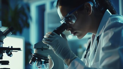 Fototapete - Confident female scientist conducting research in medical laboratory A researcher in the foreground is using a microscope Medical test tube : Generative AI
