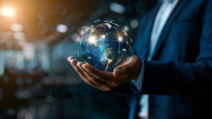 Leinwandbilder - Business service online digital technology Businessman holding digital globe hologram Quality business relationship Customer service advice and support Technology robot assistance onli : Generative AI