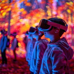 group of kids wearing vr headsets, immersed in a vibrant, colorful virtual reality experience, in an