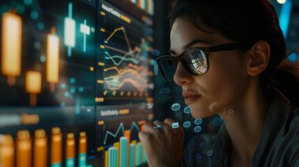 Fototapete - Analyst woman working with information database to analyze marketing and sales data Business analytics dashboard with charts metrics and KPIs concept : Generative AI