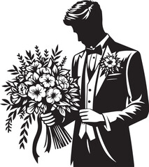 Groom with bouquet of flowers Vector Illustration Silhouette