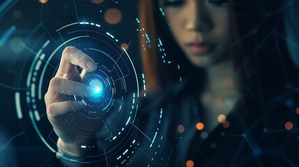 Poster - Biometrics security system Woman using fingerprint identification to access personal financial data on mobile phone mobile banking app biometrics cyber security technology against digi : Generative AI