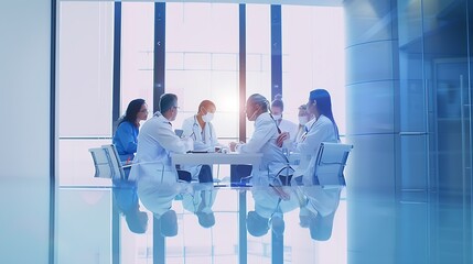 Wall Mural - Hospital group and doctors in meeting healthcare and conversation for surgery schedule teamwork and research Review medical and professional with communication feedback and wellness in : Generative AI