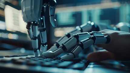 Poster - Ai technology Artificial Intelligence man using technology smart robot AI artificial intelligence by enter command prompt for generates something Futuristic technology transformation C : Generative AI