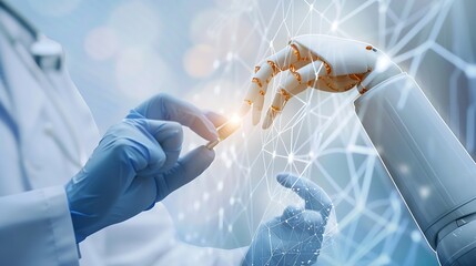 Medical Ai Hands of robot and human touching on medical data network connection AI robot for diagnosis increasing accuracy patient treatment in future technology to improve patient hea : Generative AI