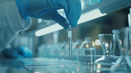 Fototapete - Medical development research laboratory chemist or science scientist student hand in glove drop water into pipette for test analysis liquid sample in clinic lab Microbiology analysing  : Generative AI