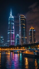 Poster - Illuminated skyline at night, modern high-rise buildings, colorful reflections, boats on river