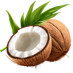 Wall Mural - Coconut with half and leaves isolated on transparent background