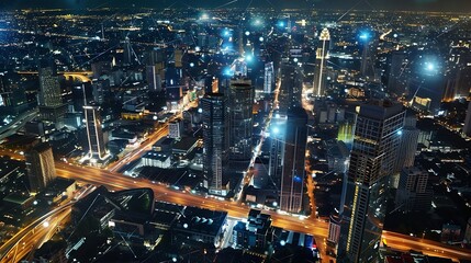 Fototapete - Energy Digitalization Smart city with Wireless network and Connection technology concept with Abstract Bangkok city background : Generative AI