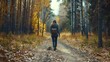 © The Little Hut - Woman walking in autumn forest nature path walk on trail woods background Happy girl relaxing on active outdoor activity : Generative AI