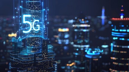 Leinwandbilder - 5G network digital hologram and internet of things on city background5G network wireless systems : Generative AI