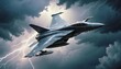 © abu - A fighter jet performing maneuvers in stormy skies, with dark clouds and lightning surrounding the aircraft as it cuts through the turbulence at high speed.