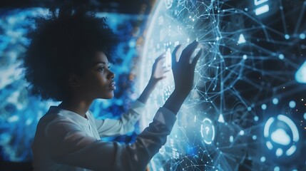 Fototapete - Young black woman operating holographic screen and global communication network concept Wide angle visual for banners or advertisements : Generative AI