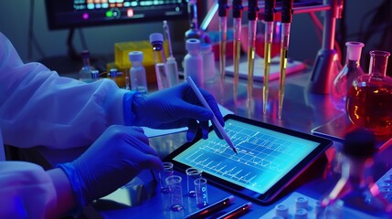 Aufkleber - Scientist hand tablet and hologram in laboratory with typing chart data and 3d overlay for pharma development Pharmaceutical person digital touchscreen and press on holographic dashboa : Generative AI