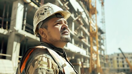 Poster - Construction worker man portrait in construction site in sunny day : Generative AI