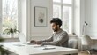 © Рудой Максим - Focused Individual Working on Laptop in Modern Office Space During Daylight Hours. Generative AI