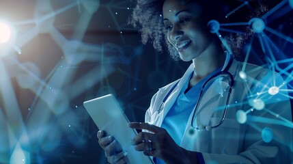 Poster - Happy face and woman with a tablet doctor and typing with connection website info and employee Portrait nurse and medical professional with tech clinic and research with internet or di : Generative AI