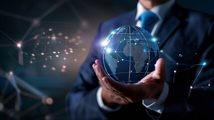 Leinwandbilder - Business service online digital technology Businessman holding digital globe hologram Quality business relationship Customer service advice and support Technology robot assistance onli : Generative AI