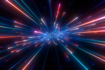 Wall Mural - bright radial light beams. abstract background in blue and red neon glow color. light burst in unive