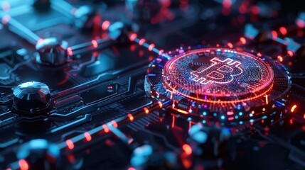 A computer chip with a red and blue circle with a B on it