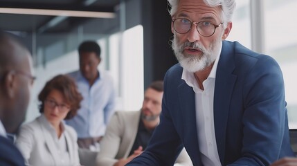 Aufkleber - Male mature caucasian ceo businessman leader with diverse coworkers team executive managers group meeting Multicultural professional businesspeople working together on research plan bo : Generative AI