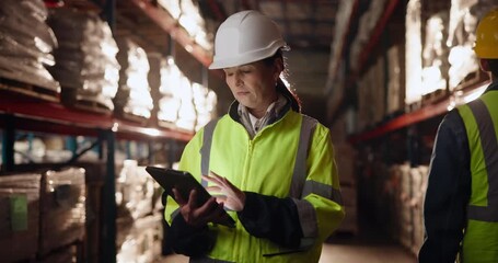 Canvas Print - Woman, tablet and inspection for logistics in warehouse with inventory checklist, supply chain and distribution courier. Person, digital and industry stock, storage service and manufacturing site