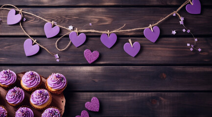 a plate of cupcakes with purple frosting and hearts on a string with purple hearts on a wooden background