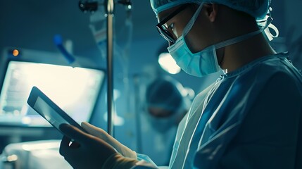 Poster - Doctor Utilizing Advanced Digital Tablet Technology in Modern Healthcare Medical Professional in Operating Room Analyzing RealTime Patient Data CuttingEdge Medical Innovations and solu : Generative AI
