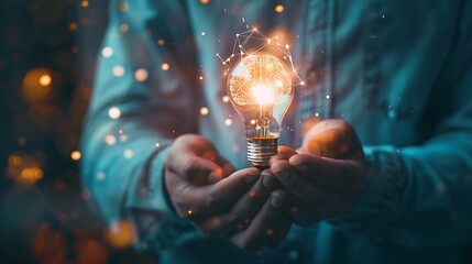 Poster - Hand man holding illuminated lightbulb idea innovation and inspiration with glowing virtual brain smart intelligent creativity with bulbs Motivation and innovation concept : Generative AI