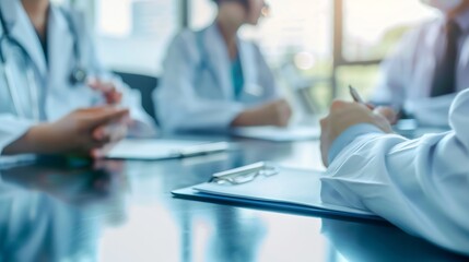 Poster - Hospital group and doctors in meeting healthcare and conversation for surgery schedule teamwork and research Review medical and professional with communication feedback and wellness in : Generative AI