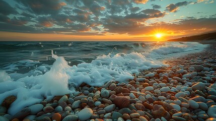 Wall Mural - Sunset beach, pebble shore, crashing waves, golden hour light, ocean spray, vibrant colors, smooth stones, coastal landscape, sun rays, glowing horizon, teal water.