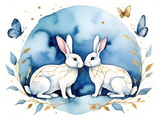 Wall Mural - Watercolor art, cute rabbit and butterfly