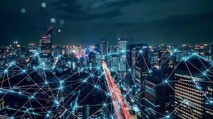 Fototapete - Smart city and digital transformationBig data connection technology Telecommunication and communication network concept : Generative AI