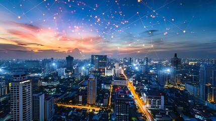 Fototapete - Wireless network and Connection technology concept with Abstract Bangkok city background in panorama view : Generative AI