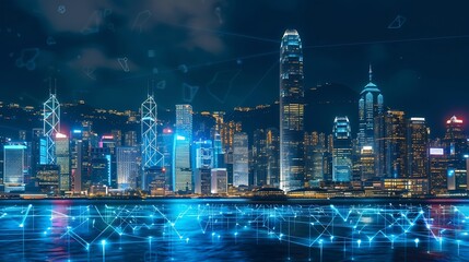Fototapete - Smart network and Connection technology concept Hong Kong digital city background at night in victoria harbour Cyberpunk color style Panorama view : Generative AI