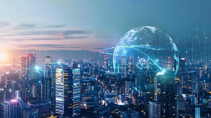 Aufkleber - Global world telecommunication network Wireless Communication on modern cityscape background : Generative AI