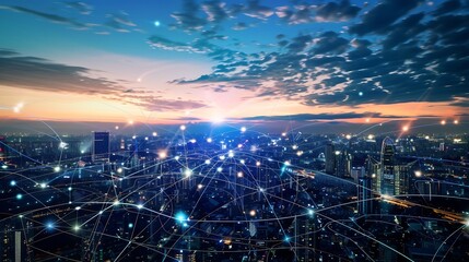 Leinwandbilder - Smart digital city with connection network reciprocity over the cityscape  Concept of future smart wireless digital city and social media networking systems that connects people within : Generative AI