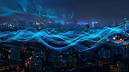 Poster - Smart city and big data connection technology concept with digital blue wavy wires with antennas on night megapolis city skyline background double exposure : Generative AI