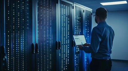 Aufkleber - Successful Data Center IT Specialist Using Laptop Computer Server Farm Cloud Computing Facility with System Administrator Working Data Protection Engineering Network for Cyber Security : Generative AI