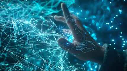 Fototapete - A person interacting with a futuristic holographic interface featuring digital data and connections on a blue background showcasing technology concept : Generative AI
