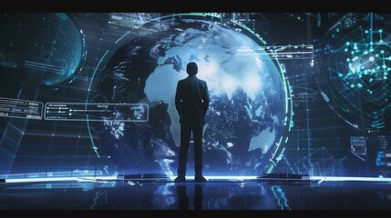 Fototapete - Businessman presenting futuristic business world metaverse graphic In the form of innovation in digital business processing technology innovation of the 21st century : Generative AI