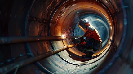 Aufkleber - Industrial 40 Digital Visualization Concept Heavy Industry Welder Working Welding Inside Pipe Construction of NLG Natural Gas and Fuels Transport Pipeline Future of Clean Green Power a : Generative AI