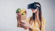 © Felippe Lopes - Woman in VR headset looks at a bag of groceries