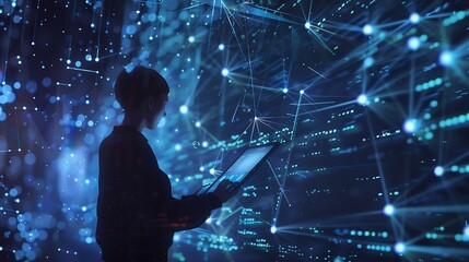 Fototapete - Data science digital technology big data management concept Computer programmer software engineer using digital tablet with internet network connection software technology and developm : Generative AI