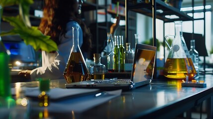 Aufkleber - Chemistry laptop and science with woman in laboratory for medical or pharmaceutical research Computer innovation and typing with scientist at work for analysis development or experimen : Generative AI