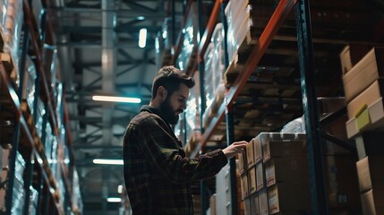 Poster - Warehouseman checking delivery stock in warehouse on computer pc Warehouse manager using warehouse management software app : Generative AI