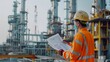 © The Little Hut - Engineer survey team wear uniform and helmet stand workplace checking blueprint project  radio communication and engineer box inspection work construction site with oil refinery backgr : Generative AI